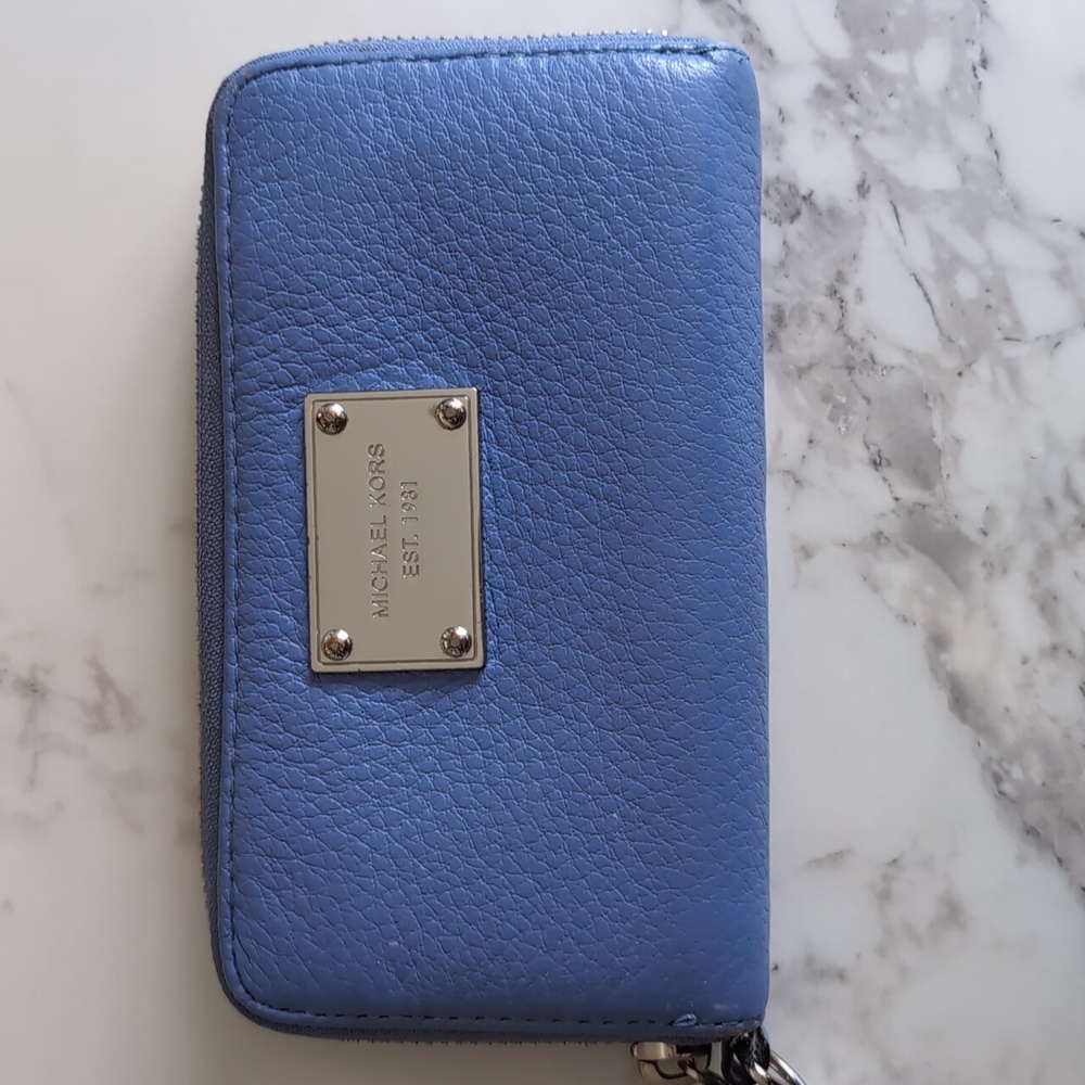 Michael Kors Blue Saffiano Leather Zip around Wallet
